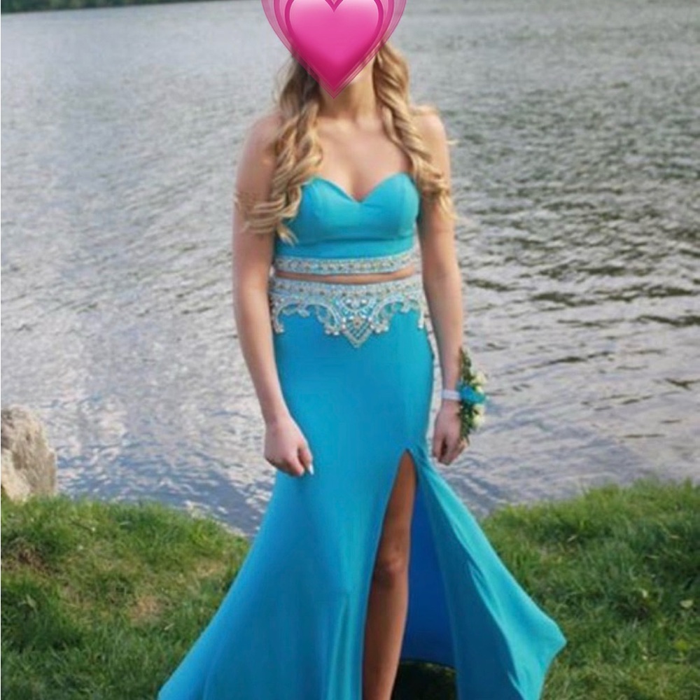Blush Turquoise Prom Dress with Embellishments